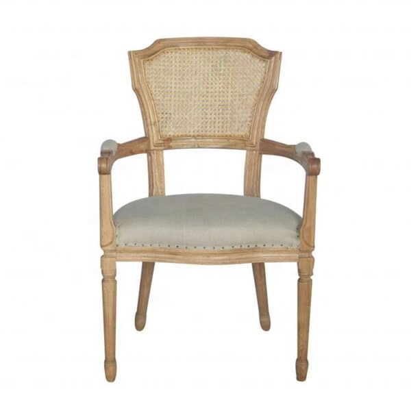 French style oak wood dining chair with armrest, featuring a woven cane backrest and a cushioned seat for comfort. Perfect for classic and vintage dining room decor.