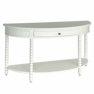 Bobbin White Solid Wood Curved Console With Drawers with spindle legs and a lower shelf.