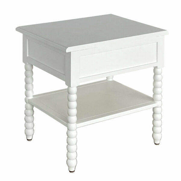 Nachttisch „Bobbin“ aus weißem Holz mit Schublade und gedrechselten Beinen.