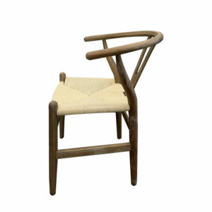 Northern Europe Modern Midcentury Simple Style Paper Rope Weave Ash Wood Dining Chair with a curved backrest and a woven seat, isolated on a white background.