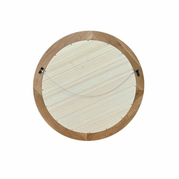 French Country Style Midcentury Furniture Antique Oak Large Natural Wood Round Wood Framed Mirror with a light-colored surface and darker wood frame, viewed from above on a white background.