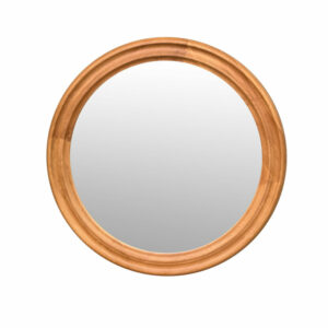 Meubles de style campagnard français du milieu du siècle Chêne antique Grand miroir rond en bois naturel avec un cadre simple et lisse, isolé sur un fond blanc.