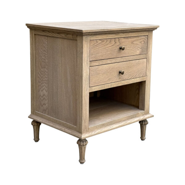 Wide Traditional Antique Style Natural Reclaimed Wood Nightstand Bedside Table Side Cabinet with two drawers and an open lower shelf, set on four turned legs, isolated on a white background.