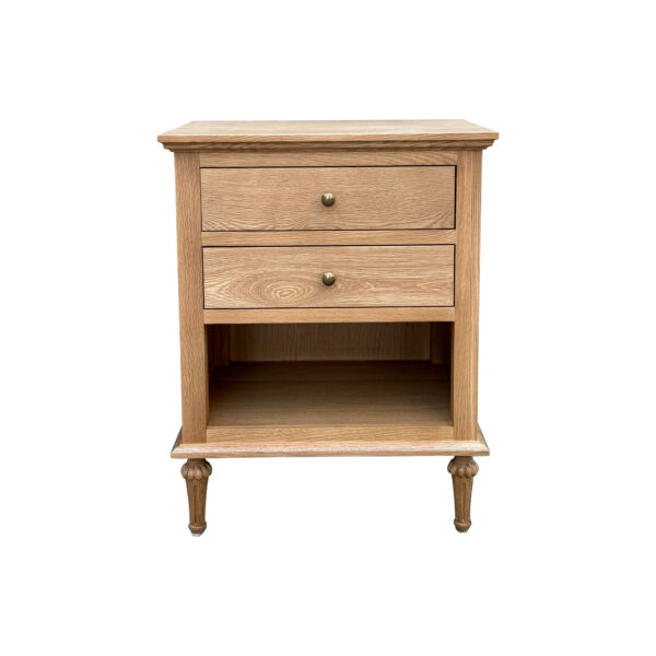 Wide wooden Traditional Antique Style Natural Reclaimed Wood Nightstand Bedside Table Side Cabinet with two drawers and an open shelf, set on ornate legs, isolated on a white background.