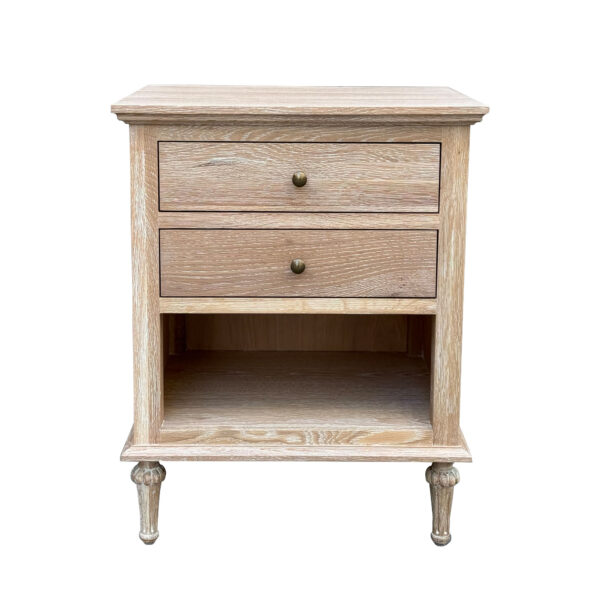 A wide Traditional Antique Style Natural Reclaimed Wood Nightstand Bedside Table Side Cabinet with two drawers and brass knobs, featuring a lower shelf, set against a white background.