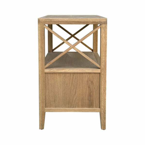 Hamptons Natural Reclaimed Double Drawer Medium Wood Bedside Table with an open shelf on top, featuring an x-shaped side design, and a closed cabinet below, on a plain white background.