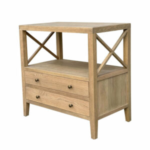 Hamptons Natural Reclaimed Double Drawer Medium Wood Bedside Table with two drawers and open shelf, featuring a cross design on the sides, isolated on a white background.