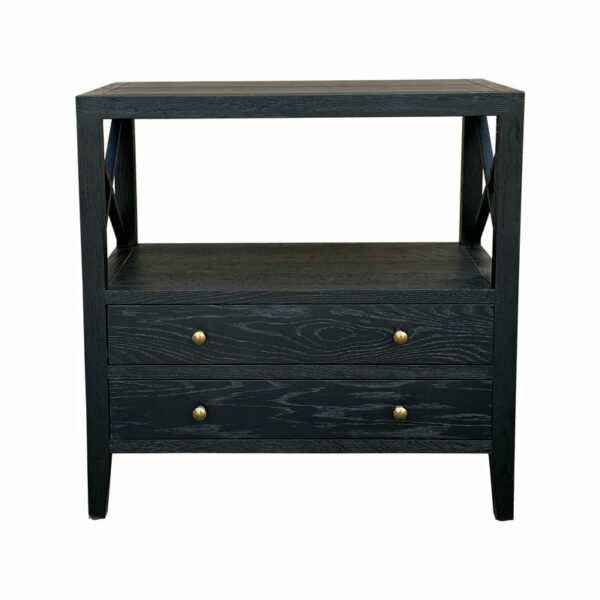 Hamptons Natural Reclaimed Double Drawer Medium Wood Bedside Table with two shelves and drawer, featuring brass knob handles, isolated on a white background.