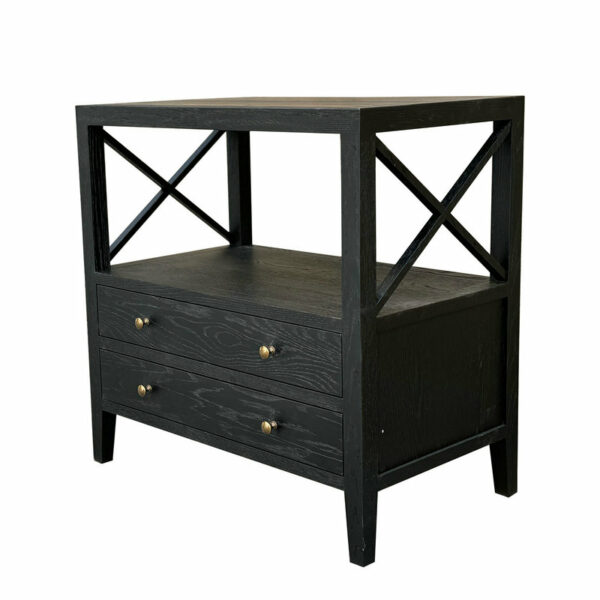 A Hamptons Natural Reclaimed Double Drawer Medium Wood Bedside Table with two drawers, brass handles, and criss-cross side panels, isolated on a white background.