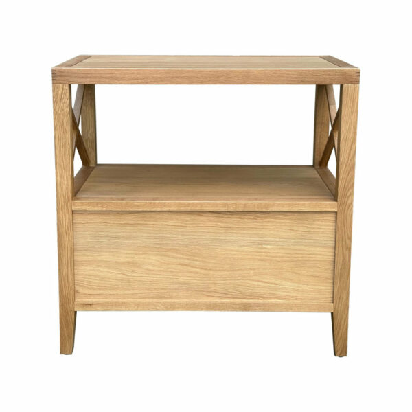 A Hamptons Natural Reclaimed Double Drawer Medium Wood Bedside Table with a single drawer and an open shelf, isolated on a white background.