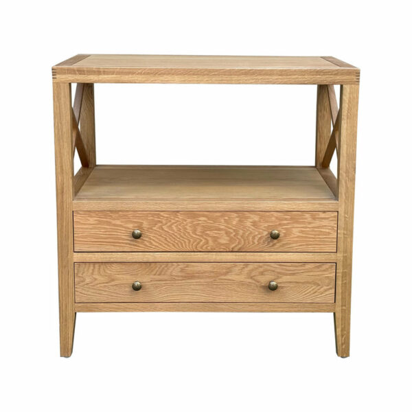 Hamptons Natural Reclaimed Double Drawer Medium Wood Bedside Table with round handles, isolated on a white background.