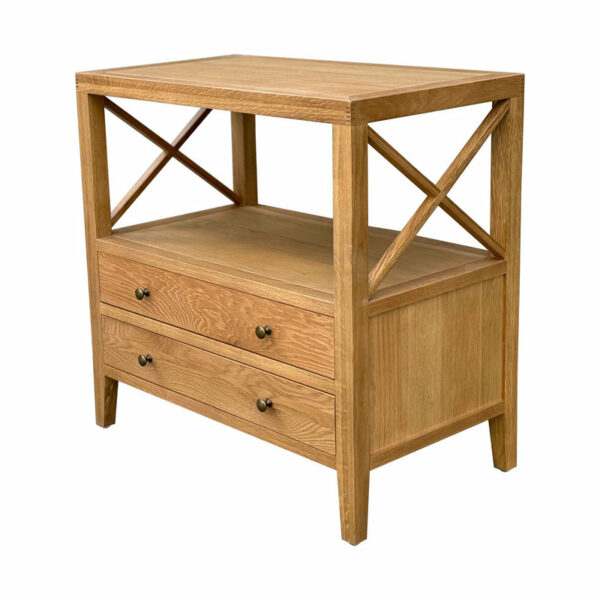 Hamptons Natural Reclaimed Double Drawer Medium Wood Bedside Table with two drawers and x-shaped side designs, isolated on a white background.