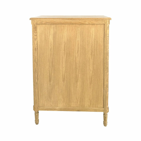 A French Provincial Furniture Solid Wood 5 Drawer Chest of Drawers with a single door and ornate, turned legs, standing against a plain white background.