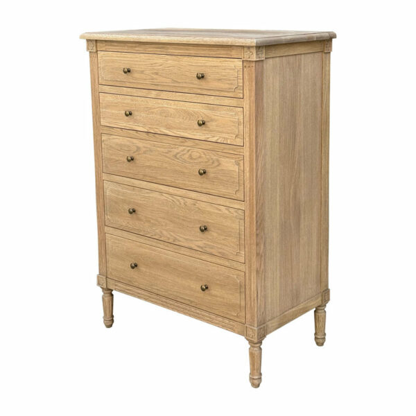 French Provincial Furniture Solid Wood 5 Drawer Chest of Drawers with round knobs and ornate legs, isolated on a white background.