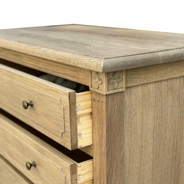 Close-up of an open French Provincial Furniture Solid Wood 5 Drawer Chest of Drawers in a dovetail-jointed cabinet with antique brass handles, isolated on white background.