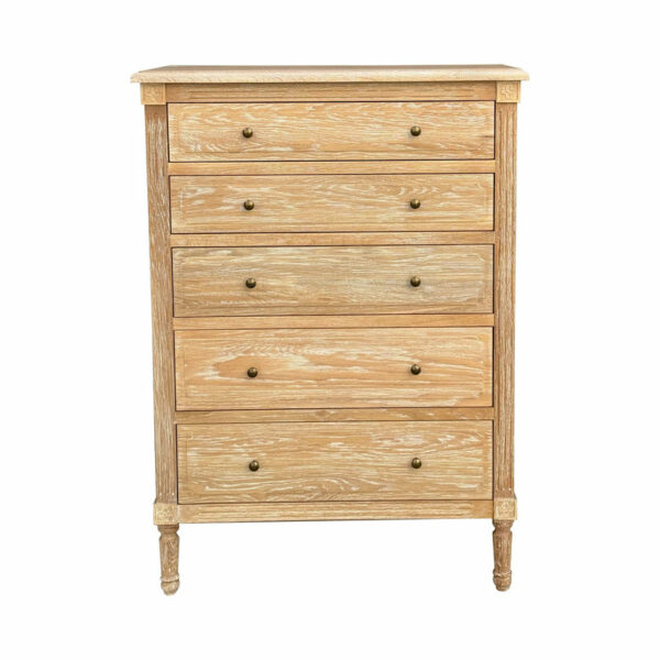 French Provincial Furniture Solid Wood 5 Drawer Chest of Drawers with brass handles and short, carved legs, isolated on a white background.