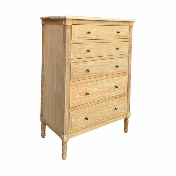 French Provincial Furniture Solid Wood 5 Drawer Chest of Drawers with ornate legs, isolated on a white background.