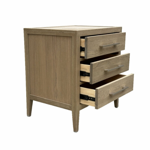 Luxury Modern Bedroom Furniture Chest of Drawers Storage Solid Wood Oak Three Drawer Closed Nightstand with the interior structure, isolated on a white background.