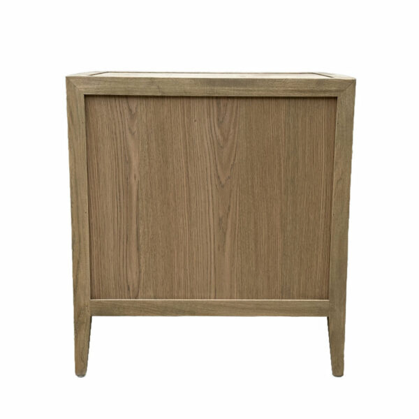 A Luxury Modern Bedroom Furniture Chest of Drawers Storage Solid Wood Oak Three Drawer Closed Nightstand with a rectangular top and angled legs, shown against a white background.