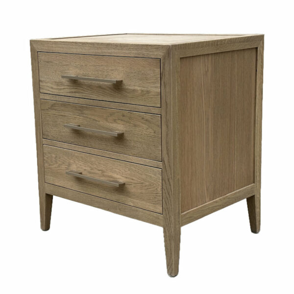 A Luxury Modern Bedroom Furniture Chest of Drawers Storage Solid Wood Oak Three Drawer Closed Nightstand with angled legs and a flat top, isolated on a white background.