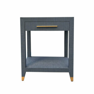 Modern Simple Contemporary Style Grass Cloth Gold Handle Reef Side Table Bedroom Furniture Bedside Table with a dark gray fabric finish and gold accents on the legs and drawer handle, isolated on a white background.