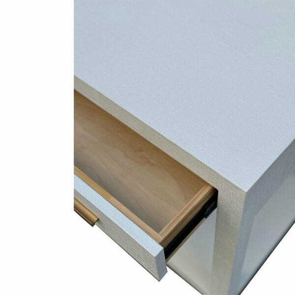 Close-up of an open drawer in a Modern Simple Contemporary Style Grass Cloth Gold Handle Reef Side Table Bedroom Furniture Bedside Table, revealing its oak interior.