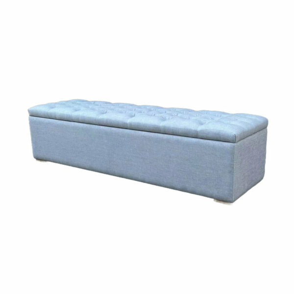 Nordic Rectangle French Style Wooden Stool Storage Foldable Ottoman Sofa Stool For Living Room Storage Bench with tufted cushioned lid isolated on a white background.