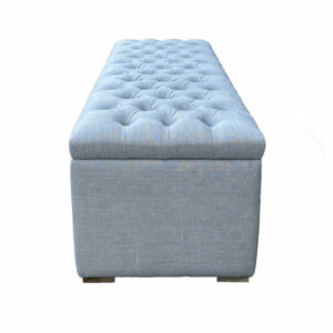 A Nordic Rectangle French Style Wooden Stool Storage Foldable Ottoman Sofa Stool for Living Room Storage Bench with a textured fabric on a white background.