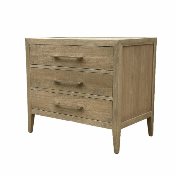 A Luxury Contemporary Bedroom Furniture Extended Chest of Drawers Storage Solid Wood Oak three-drawer nightstand with angled legs, isolated on a white background.