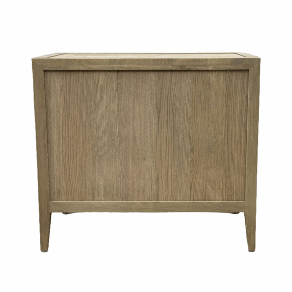 A Luxury Contemporary Bedroom Furniture Extended Chest of Drawers Storage Solid Wood Oak Three Drawer Closed Nightstand with a simple design and a flat top, featuring a single panel door and tapered legs, isolated on a white background.