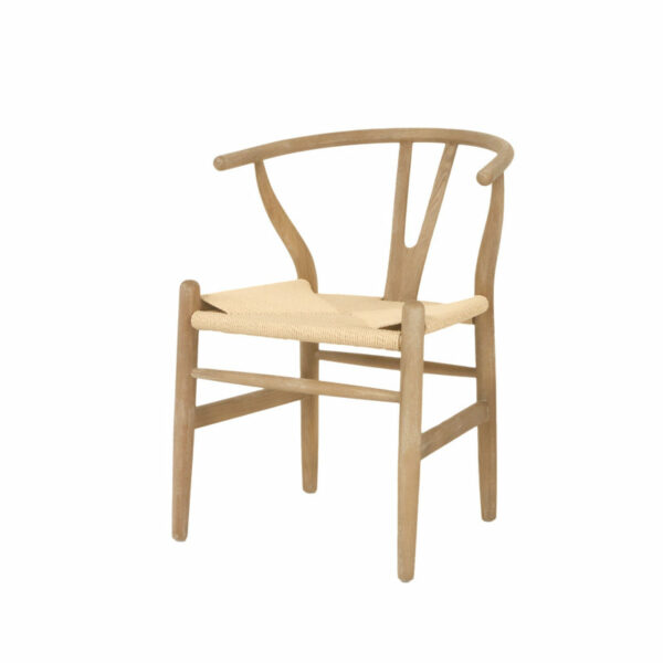 A Northern Europe Modern Midcentury Simple Style Paper Rope Weave Ash Wood Dining Chair with a curved backrest and a woven seat, isolated on a white background.