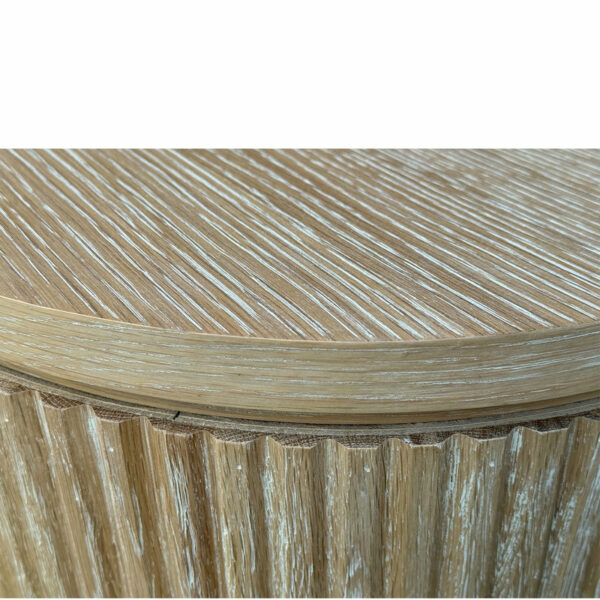 Close-up view of a Contemporary Nature Round Wooden Side Table for Living Room with detailed, textured grain pattern and curved edges.