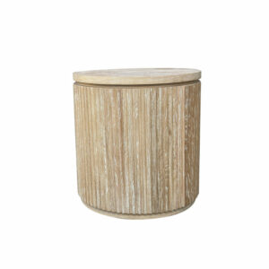 A Contemporary Nature round wooden side table with a textured finish and removable lid, isolated on a white background.