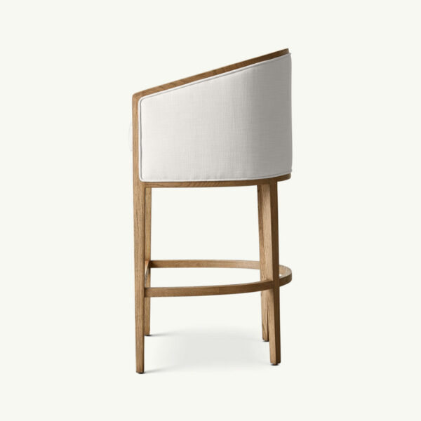 Side view of the modern Classical Design Linen Fabric Bar Chair with a curved wooden frame and white upholstered backrest and seat.