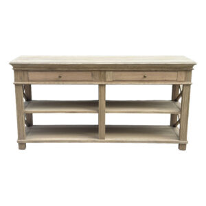 The French Wooden Hallway Console Table features 2 small drawers and 2 open shelves.