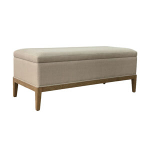 Nordic Luxury Solid Wood Upholstered Bench with cushioned lid and wooden legs in a rectangular beige design for elegant comfort.