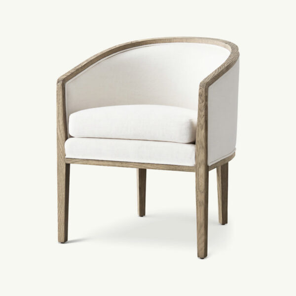 Modern armchair with a light cushion, wooden frame, curved backrest, and straight legs.