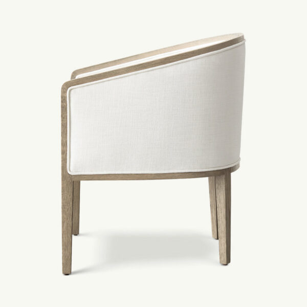 Modern wooden chair with high, curved white fabric backrest, side view, auto-draft inspired design.