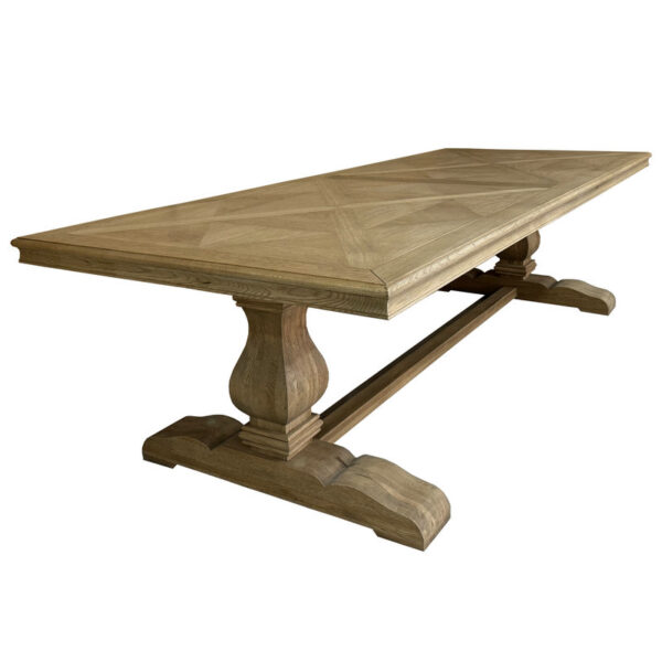 The Antique French Style Solid Wood Picnic Table features an extra-long rectangular top and a double pedestal base with ornate carvings.