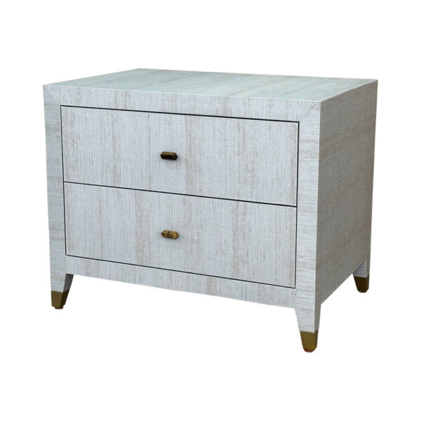 The Luxury Modern Gray Shagreen Nightstand has two drawers with rectangular handles and brass-capped tapered legs, exuding modern luxury.