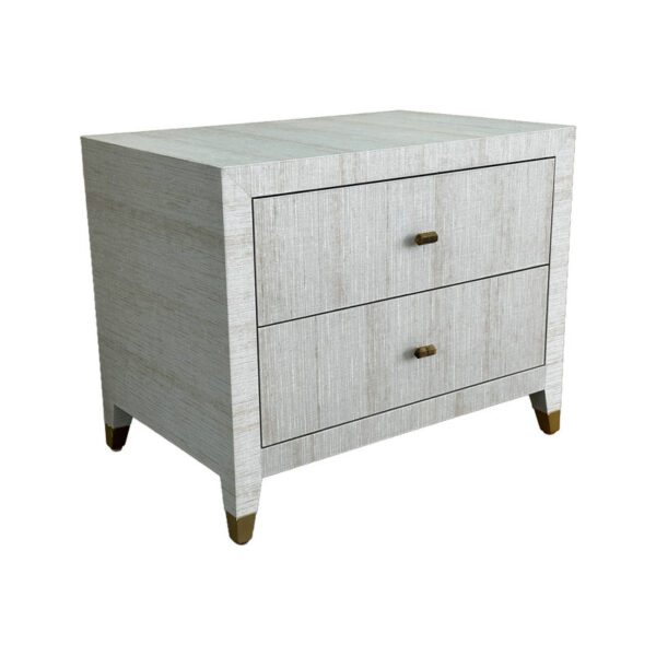 The Luxury Modern Minimalist Gray Shagreen Nightstand features 2 drawers, metal handles, brass-accented legs, and a light-colored design.