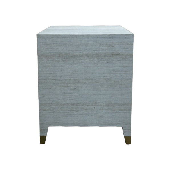 The Luxury Modern Minimal Gray Shagreen Nightstand with 2 Drawers, gold-tone feet, and light-gray finish adds elegance to any room.