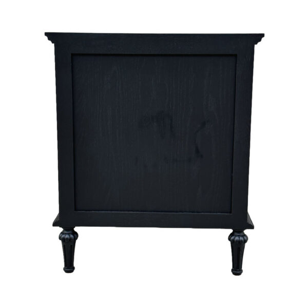 A black wooden four-legged cabinet with a plain back and simple design, reminiscent of the French Rustic Classical Style nightstand.