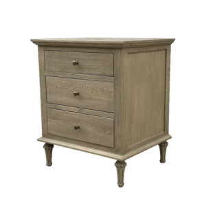 The French Rustic 3-Drawer Solid Wood Nightstand has metallic knobs, carved legs, and a light brown finish. Offers ample bedroom storage.