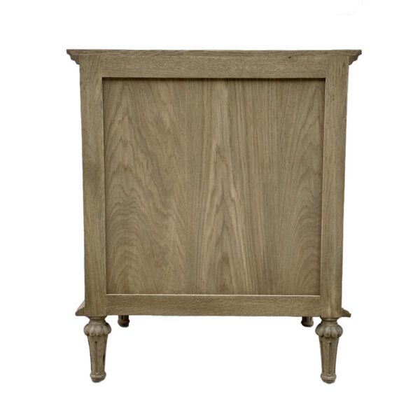 The French Rustic 3-Drawer Wooden Nightstand with carved legs is photographed against a white background.