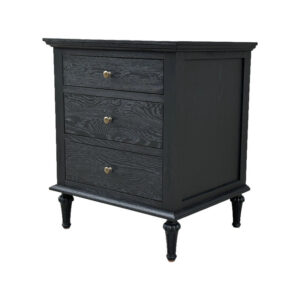 French Rustic 3-Drawer Nightstand, black solid wood with brass knobs and carved legs.