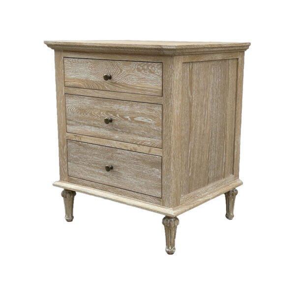 3-Drawer Oak Bedside Cabinet with brass knobs, carved legs, and rustic finish.