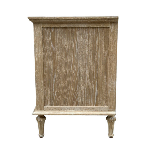 Classical 3-Drawer Oak Bedside Cabinet, rustic finish, wood grain front panel, carved legs.