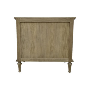 This rustic solid oak nightstand features a plain back panel and ornate four-legged detailing.