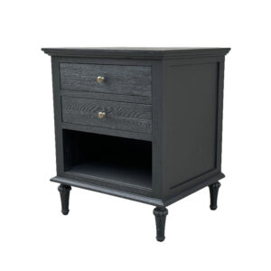 The French Antique-Style Solid Oak Nightstand is dark gray reclaimed wood with two drawers, a lower shelf, and decorative legs.